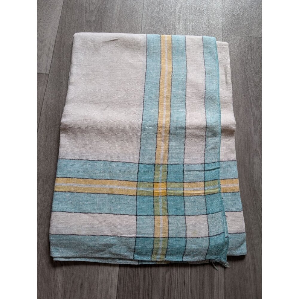Vintage Cotton Plaid Tablecloth With Yellow & Teal Stripes Rectangular